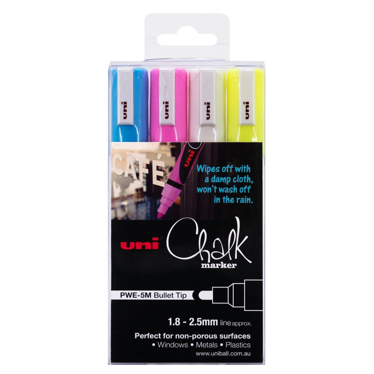 uni Liquid Chalk Marker bullet tip wallet of 4 in white, light blue, fluorescent pink and fluorescent yellow