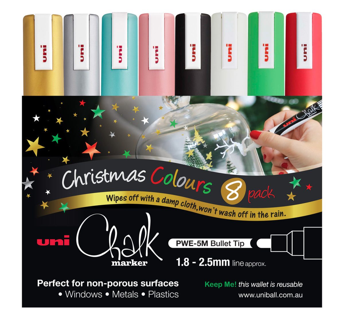 uni Liquid Chalk Marker Christmas pack wallet of 8 in gold, silver, metallic green, metallic red, black, white, fluorescent green and red