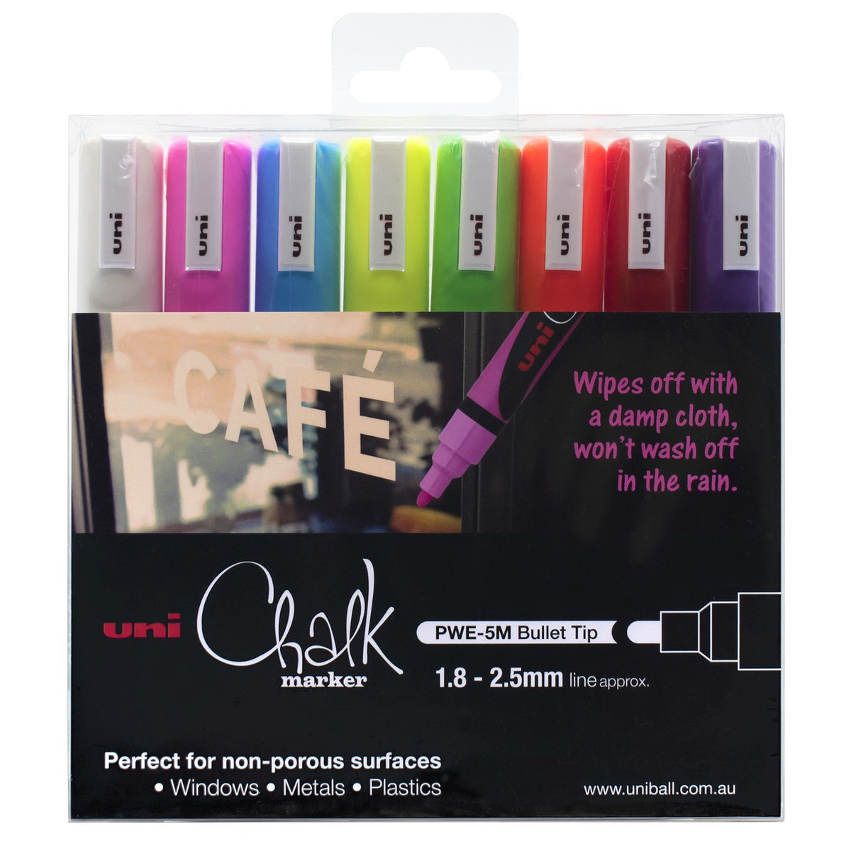 uni Liquid Chalk Marker bullet tip wallet of 8 in white, light blue, red, violet and fluorescent pink, yellow, green and orange