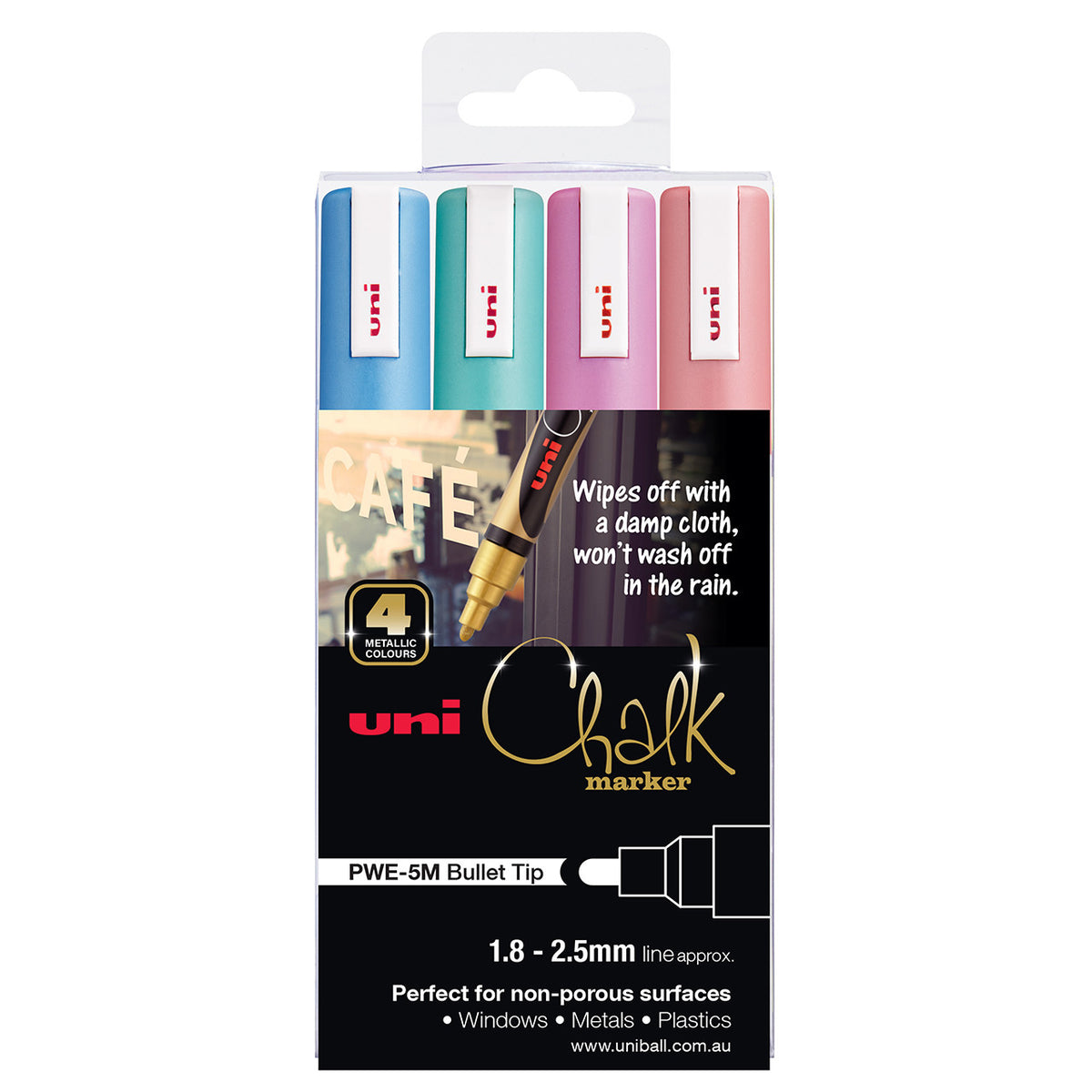 uni Liquid Chalk Marker metallic bullet tip wallet of 4 in blue, green, pink and red