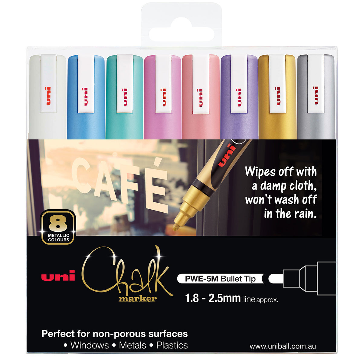 uni Liquid Chalk Marker metallic bullet tip wallet of 8 in white, blue, green, pink, red, violet, gold and silver