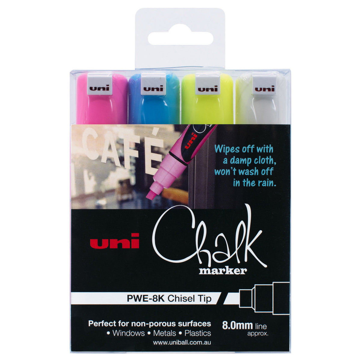 uni Liquid Chalk Marker chisel tip wallet of 4 in white, light blue, fluorescent pink and fluorescent yellow