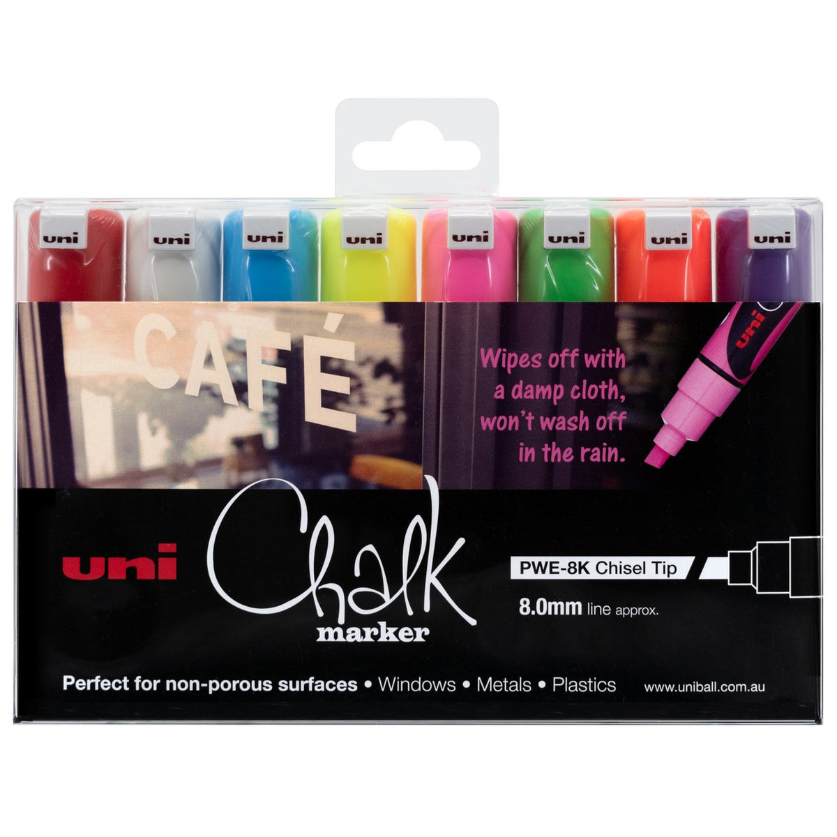 uni Liquid Chalk Marker chisel tip wallet of 8 in white, red, violet, light blue and fluorescent pink, yellow, green and orange