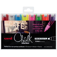 uni Liquid Chalk Marker chisel tip wallet of 8 in white, red, violet, light blue and fluorescent pink, yellow, green and orange