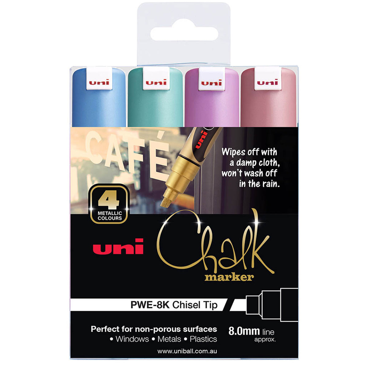 uni Liquid Chalk Marker metallic chisel tip wallet of 4 in blue, green, pink and red