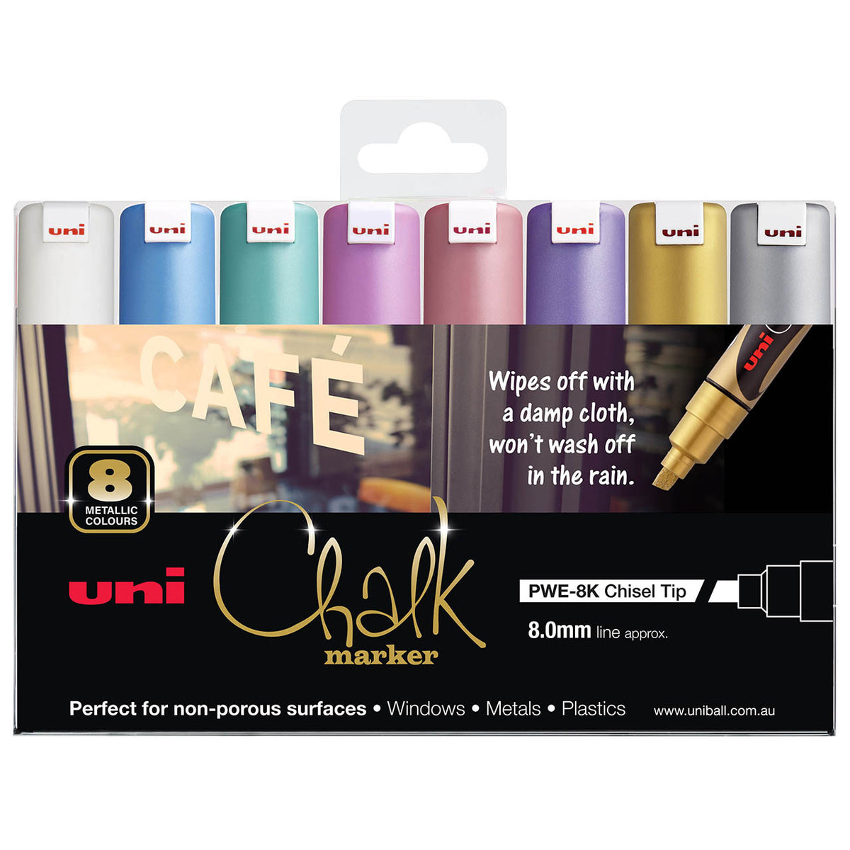 uni Liquid Chalk Marker metallic chisel tip wallet of 8 in blue, green, pink, red, violet, gold, silver and white