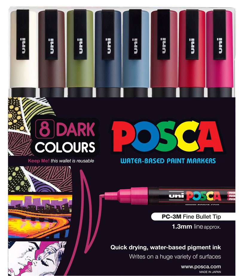 POSCA PC-3M dark colours wallet of 8 in its retail packaging