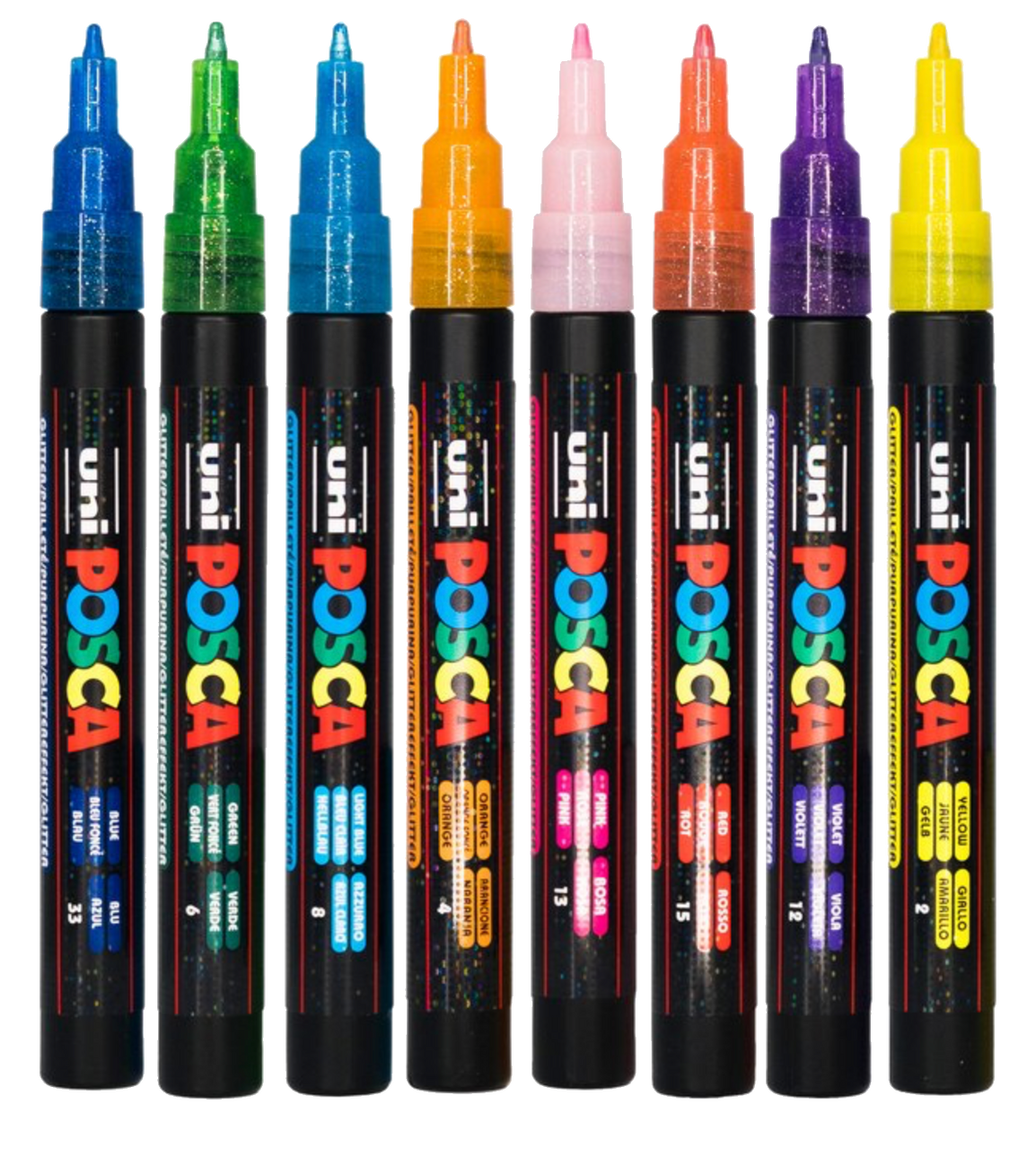 The eight POSCA PC-3M glitter colours side by side