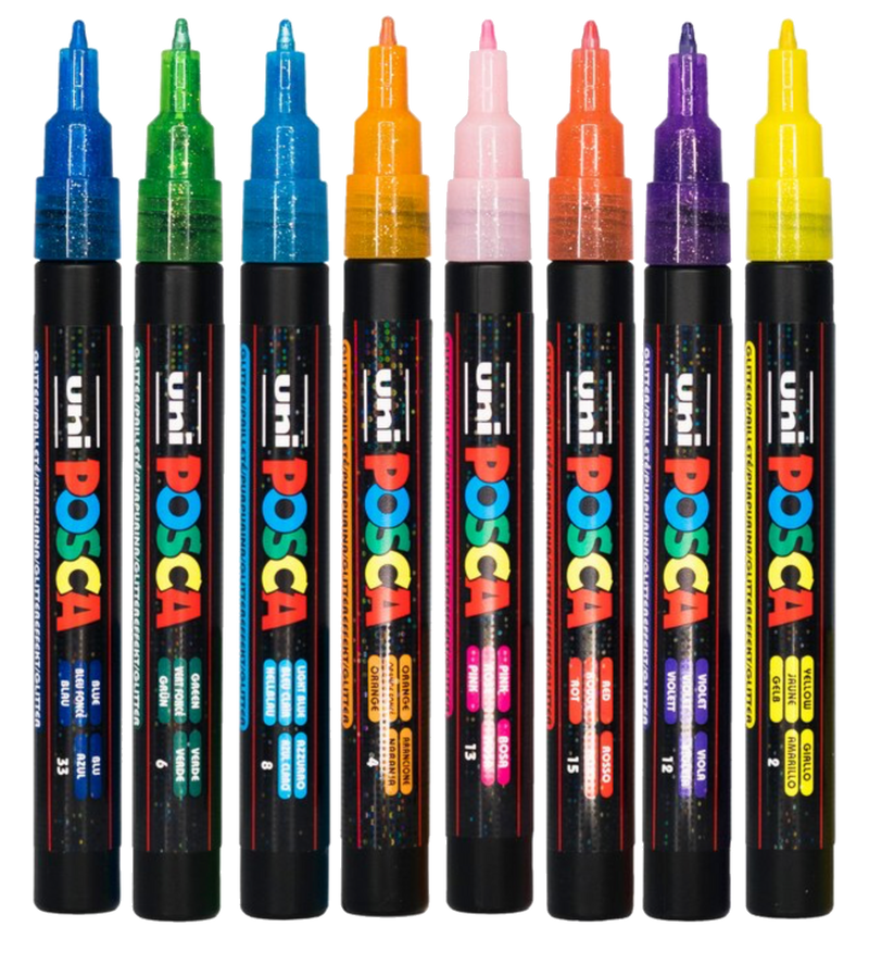 The eight POSCA PC-3M glitter colours side by side