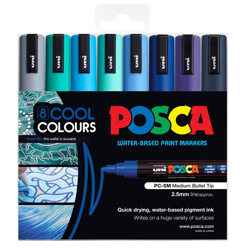 POSCA PC-5M cool colour tones wallet of 8 in packaging