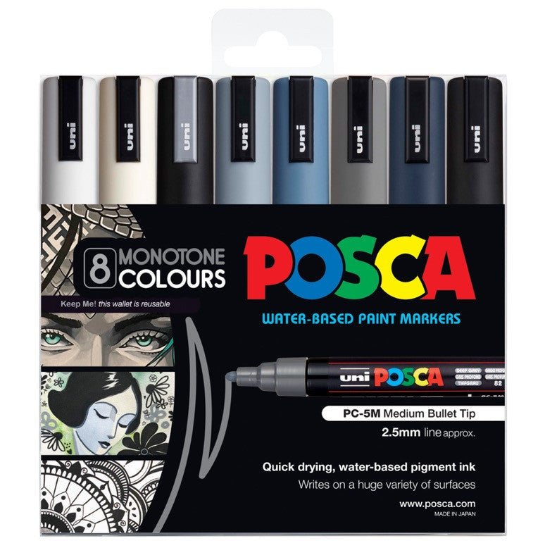 POSCA PC-5M monotone colour tones wallet of 8 in packaging