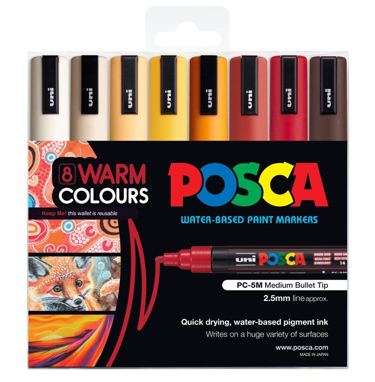 POSCA PC-5M warm colour tones wallet of 8 in packaging