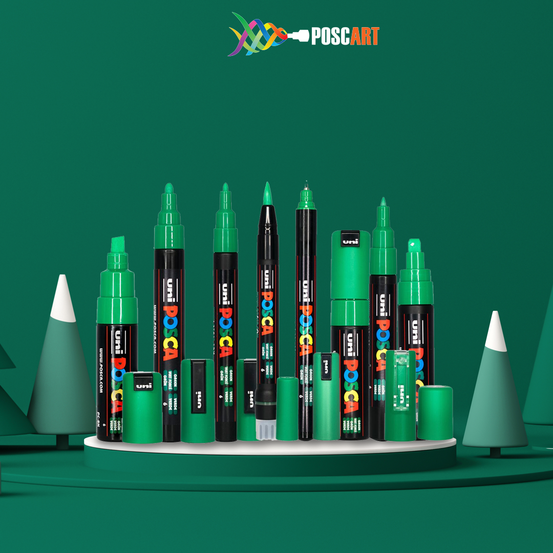 POSCA green 8 tip set in a green themed display