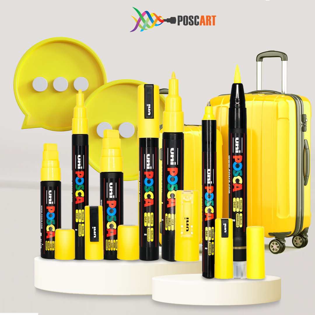 POSCA yellow 8 tip set displayed with art supplies in a yellow themed setting