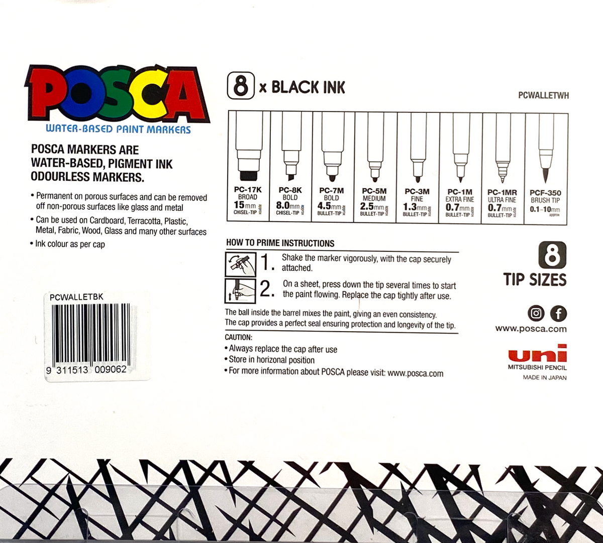 POSCA black 8 tip set showing every tip from ultra fine to 15mm