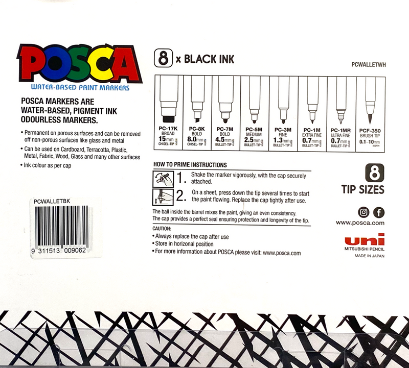 POSCA black 8 tip set showing every tip from ultra fine to 15mm