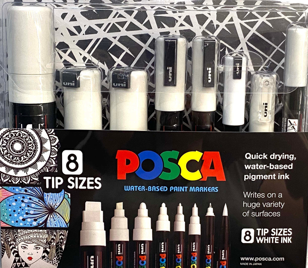 POSCA white marker set of 8 tip sizes from chisel to brush