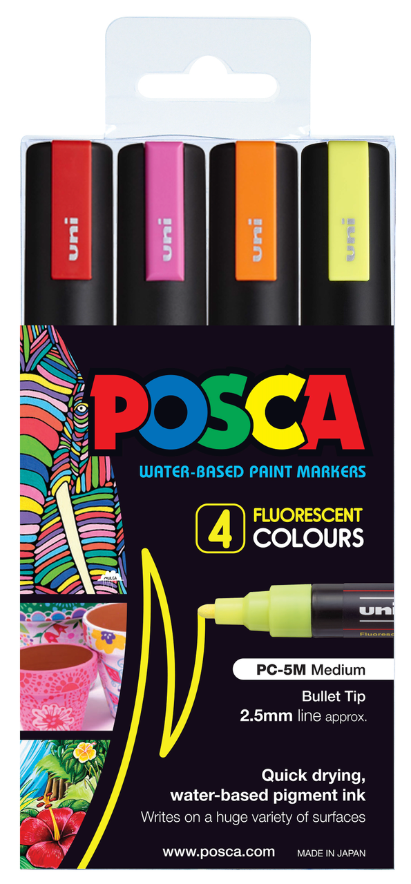 POSCA PC-5M fluorescent wallet of 4 in packaging