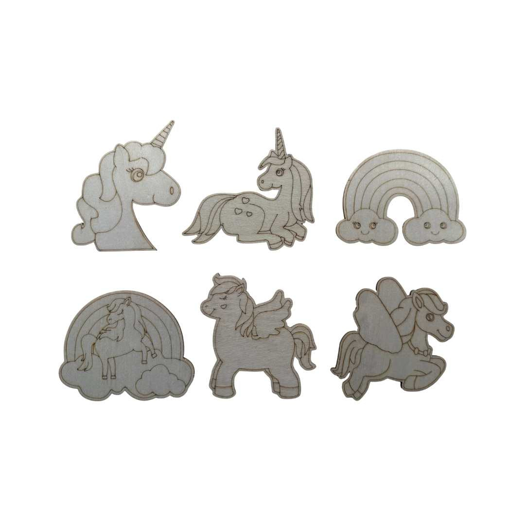 PoscART colour in wooden unicorn shapes set of 6, six unfinished wooden shapes