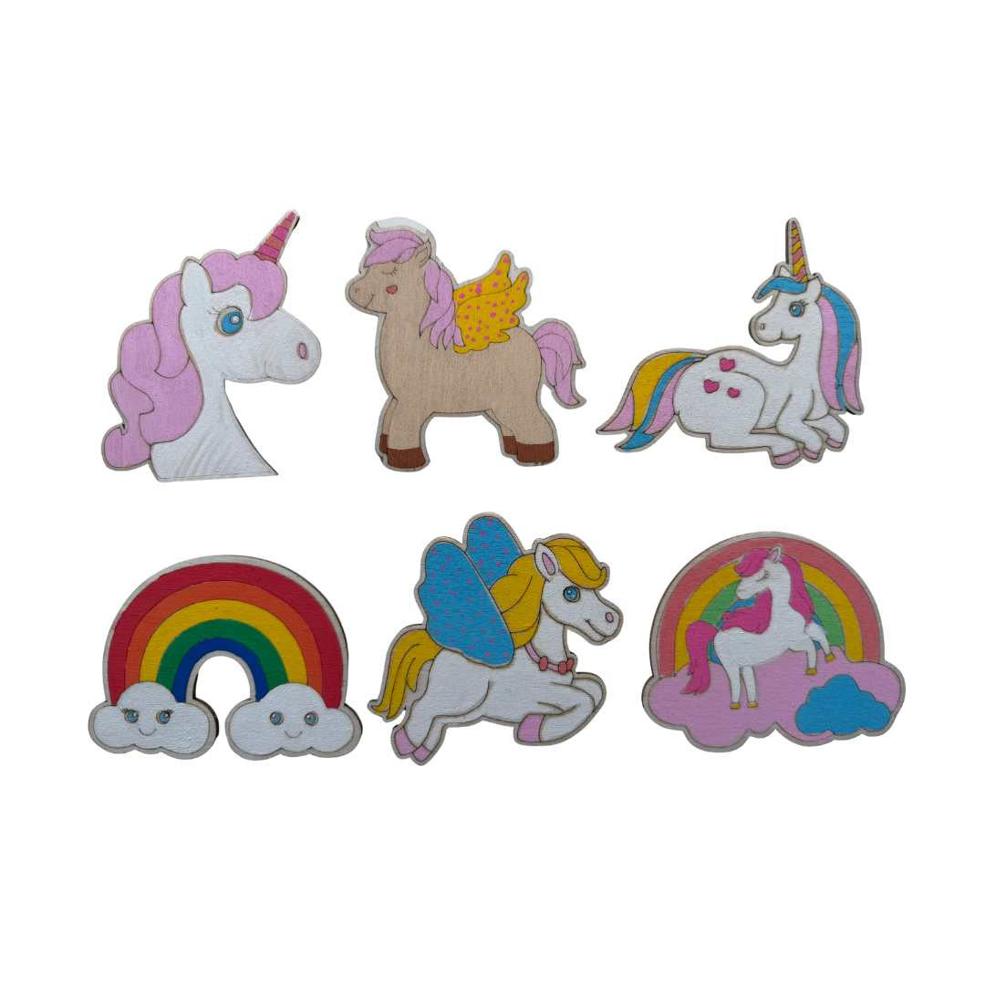 PoscART colour in wooden unicorn shapes set of 6, assorted unicorn and rainbow designs