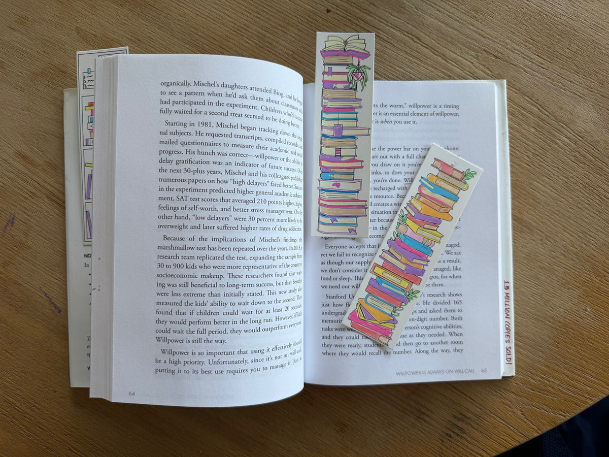 POSCA colour-in bookmarks books theme, bookshelf patterns coloured with POSCA markers on open pages