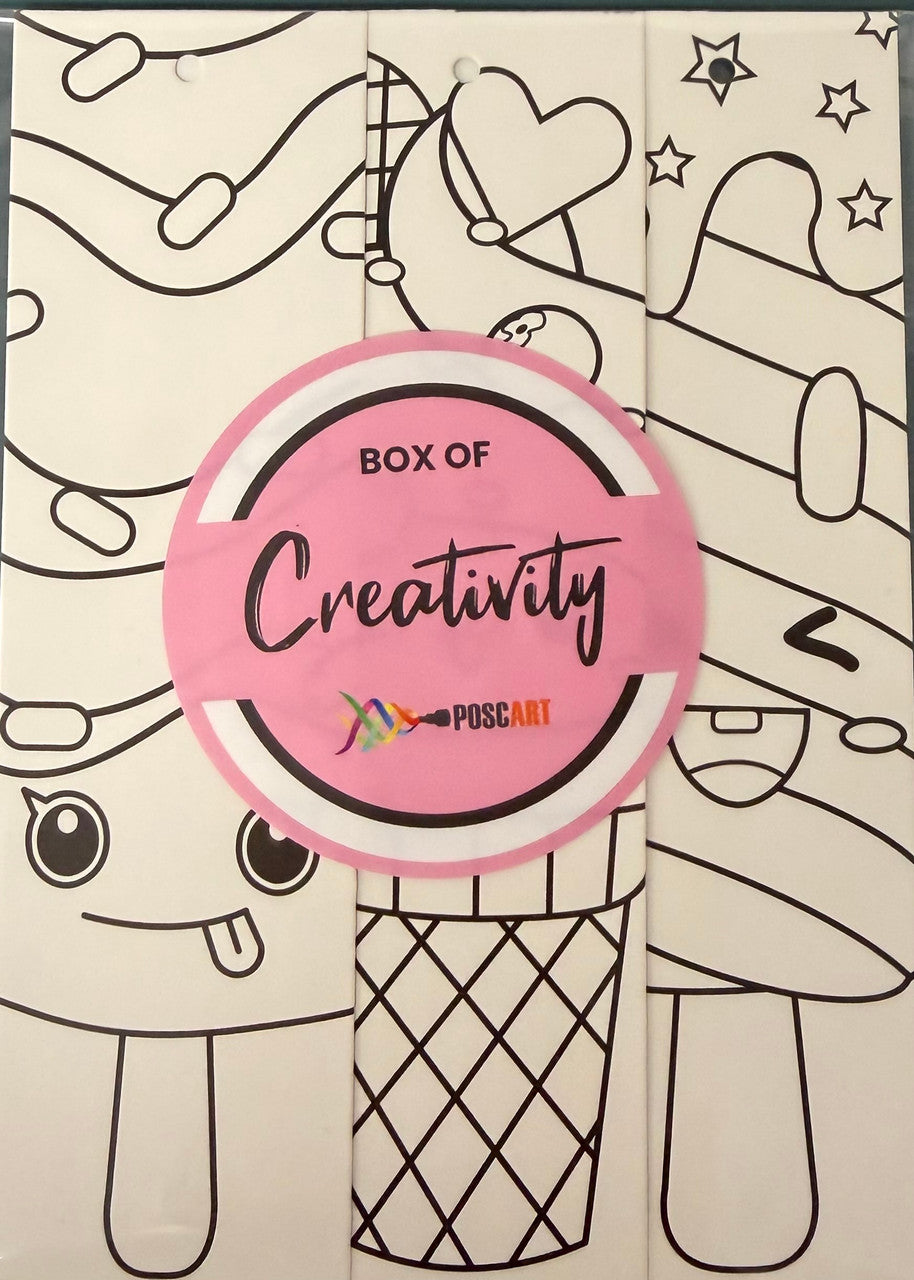 POSCA colour-in bookmarks ice cream theme, cone and sundae bookmarks on an open book
