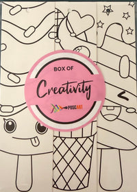POSCA colour-in bookmarks ice cream theme, cone and sundae bookmarks on an open book