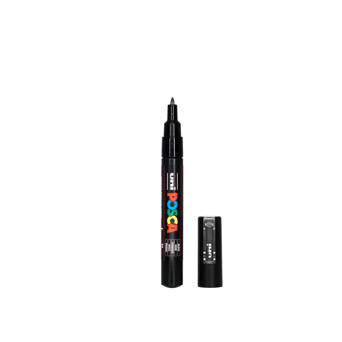 POSCA PC-1M paint marker with cap removed showing the extra fine bullet tip