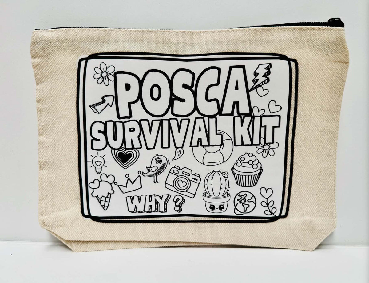 Canvas pencil case with bold black text reading Posca Survival Kit, decorated with fun doodle-style icons like hearts, cupcakes, cactus, and a camera.