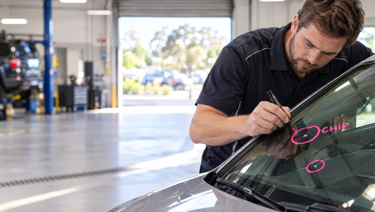 Service advisor circling a windscreen chip in pink paint marker