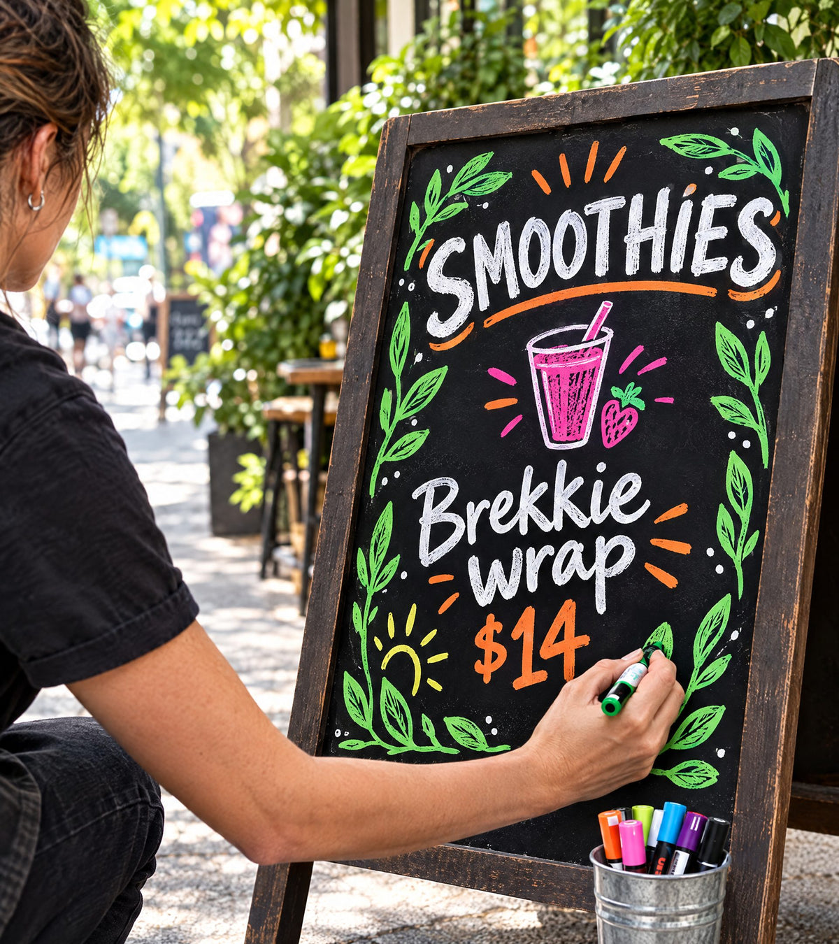 Café owner writing a smoothie and brekkie menu on an A-frame chalkboard with chalk markers