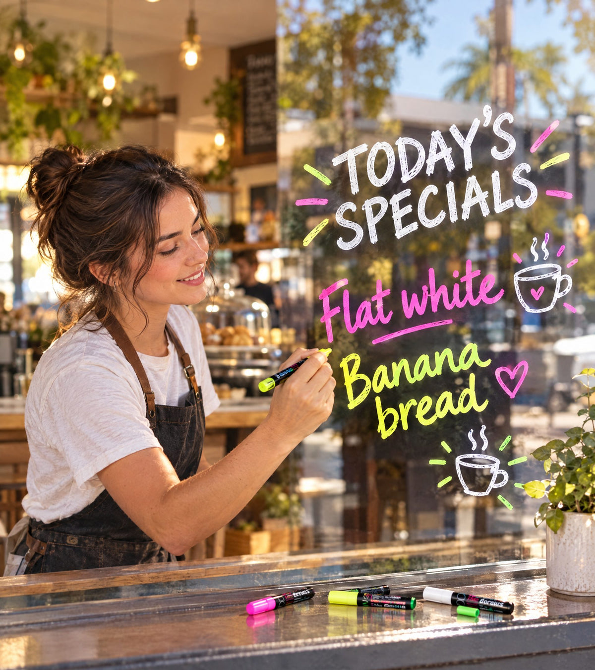Barista writing today's specials on a café window with neon chalk markers