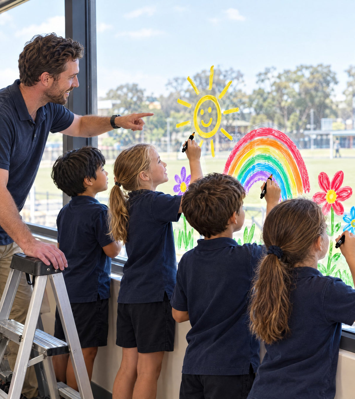 Teacher and primary school kids drawing a rainbow and sun on a classroom window with paint markers