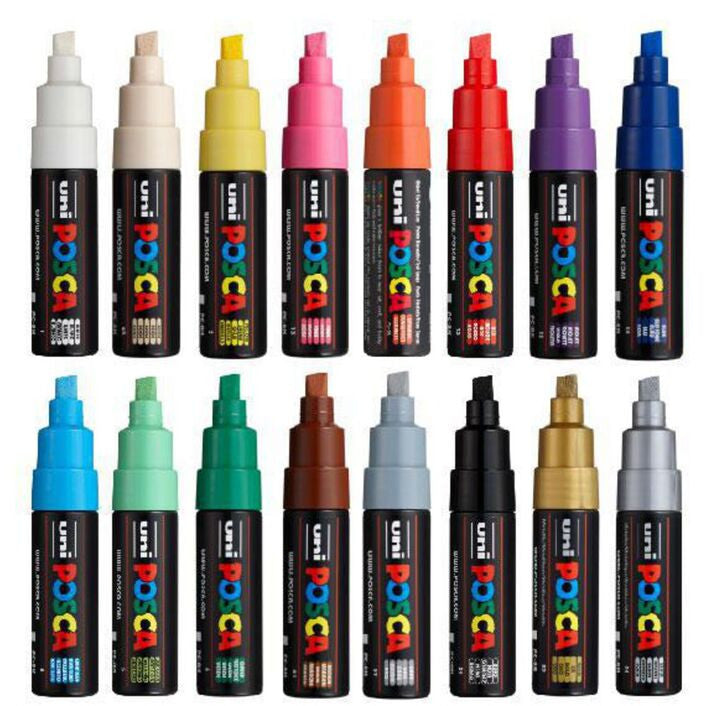All 16 POSCA PC-8K markers from the wallet standing in a row