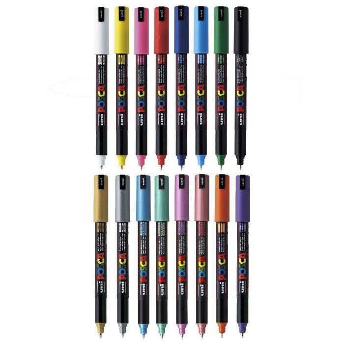 All 16 POSCA PC-1MR markers from the wallet standing in a row