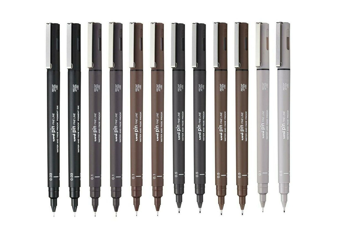 uni PIN fineliner drawing pens, assorted colours, wallet of 12